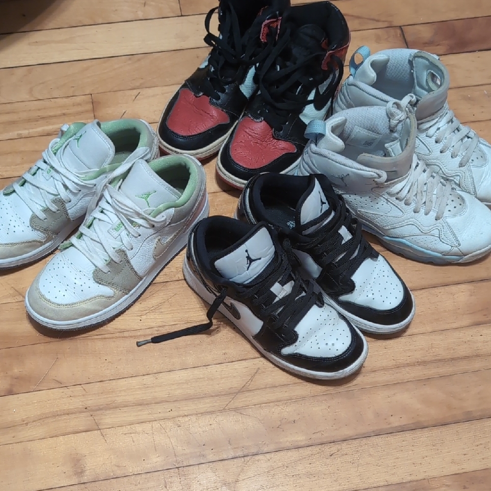 Nike Kids' Air Jordan Sneakers Bundle - Black, Red, White, Green Accents.